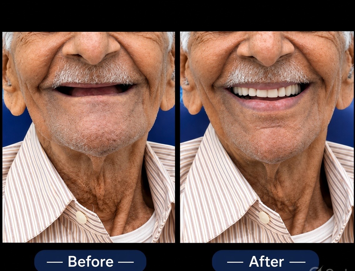 Before and after complete denture treatment